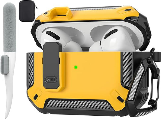 Maxjoy for AirPods Pro Case Cover with Lock, AirPods Pro 1st Generation Case for Men Military Rugged Protective Cover with Keychain Compatible with Apple AirPod Pros 2019 Front LED Visible, Yellow