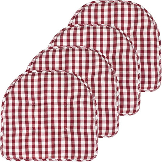 Sweet Home Collection Chair Cushion Memory Foam Pads Tufted Slip Non Skid Rubber Back U-Shaped 17" x 16" Seat Cover, 4 Count (Pack of 1), Checkered Wine/White