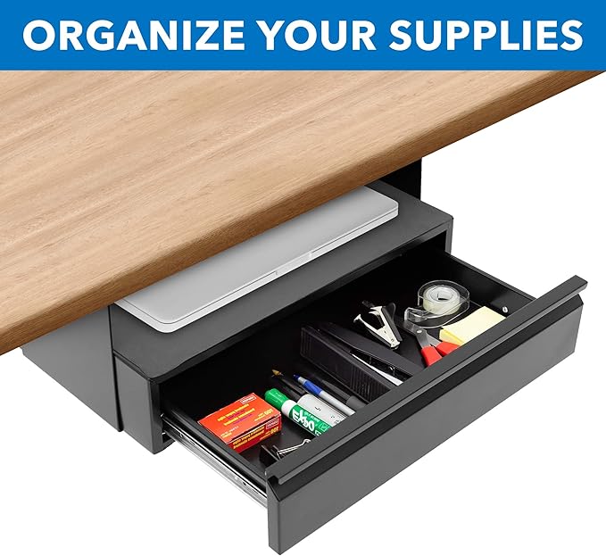 Mount-It! Under Desk Pull-Out Drawer Kit with Laptop and Tablet Shelf | Office Storage Organizer | Mounts to Desktops Tables and Workbenches Over 0.71 Inches Thick | Matte Black