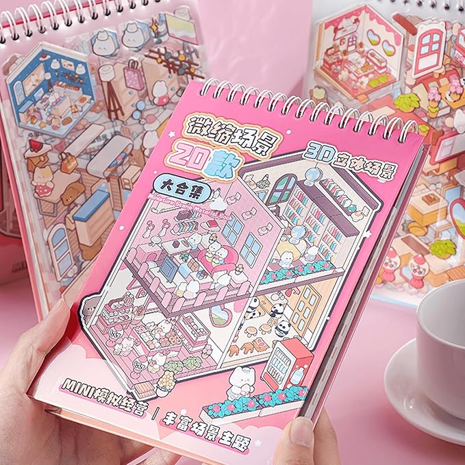 20 Sets DIY 3D Scene Sticker Book for Adults,Cute Sticker Therapy 3D Scenes Relief Stress Pass -Bakery, Library, Panda Supermarket,Tea Party