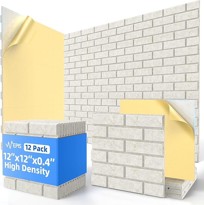 12 Pack Acoustic Panels with Self Adhesive, 12" X 12" X 0.4" High Density Sound Proof Foam Panels for Walls, Soundproof Wall Panels, Brick Sound Absorbing Panels for Home Studio Office Decor Ivory Tan