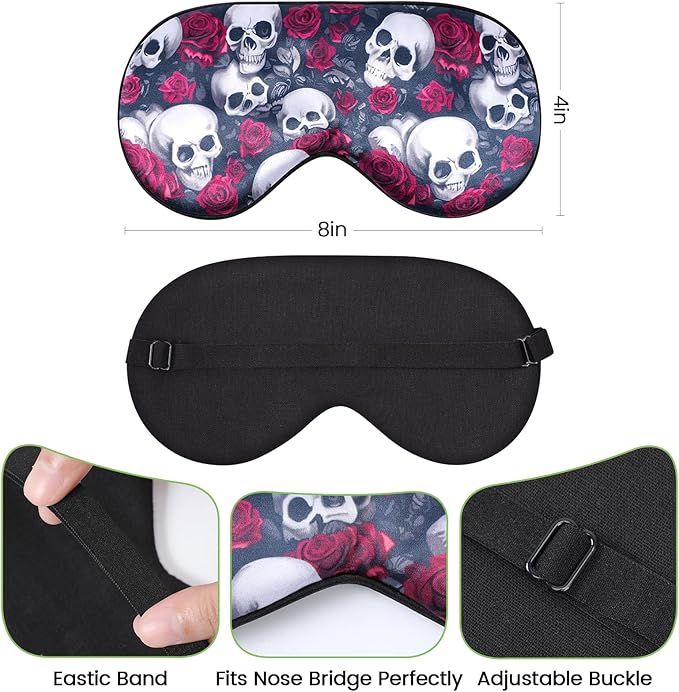 2 Pcs Human Skulls Sleep Halloween Mask for Women Men, Funny Silk Eye Covers for Sleeping, Adjustable Strap & Light Blocking Design, Adult Children's Bedtime Blindfold for Travel and Home Use (Skull)