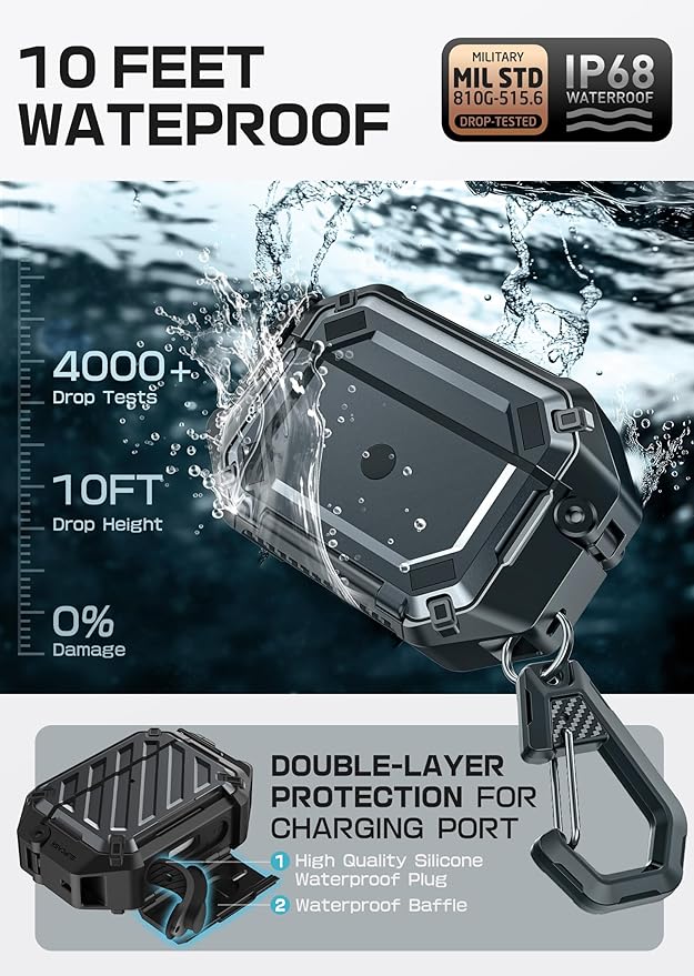 SUPCASE for AirPods Pro 2nd/1st Gen Case with Lock & Carabiner (Unicorn Beetle Pro), [IP68 Waterproof] [Military-Grade Protection] [Supports Wireless Charging] Anti-Scratch Hard Shell Cover, Black