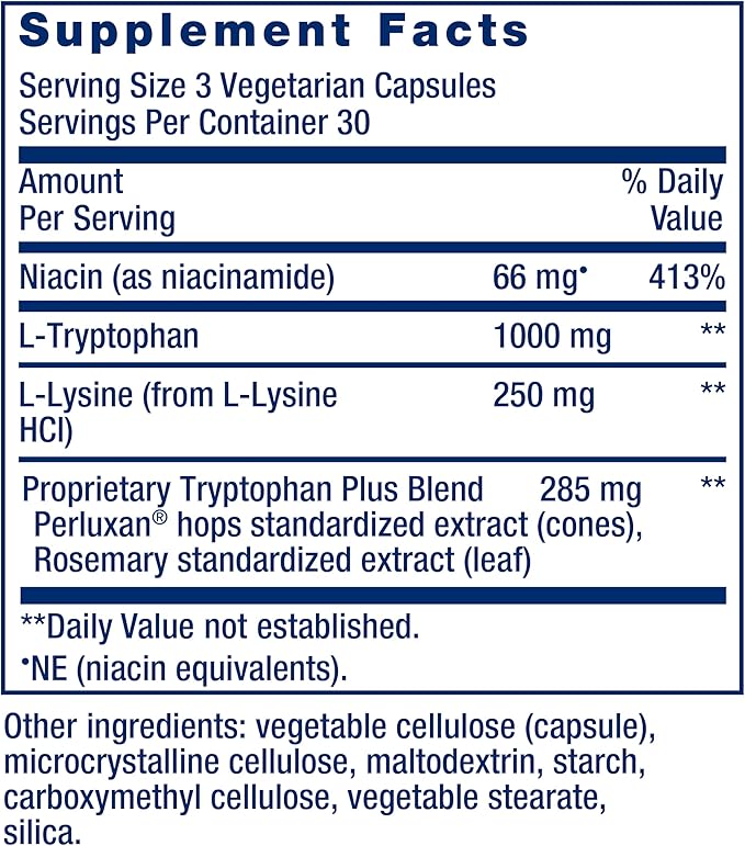 Life Extension Optimized Tryptophan Plus 1000mg - L-Tryptophan Supplement with Niacin and L-Lysine for Healthy Sleep & Stress Response – Gluten-Free, Non-GMO, Vegetarian - 90 Capsules