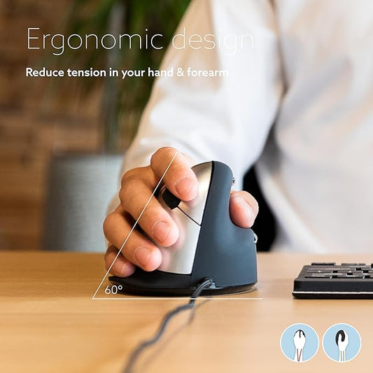 R-Go HE Ergonomic Mouse, with Break Software, USB-C Wired (with USB A Converter), Vertical Design, Anti Carpal Tunnel, Silent Click, Customisable Buttons, Compatible for Windows/MacOS, Black/Silver