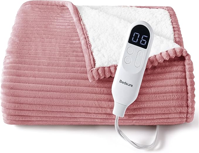 Bedsure GentleSoft Heated Blanket Electric Throw - Soft Ribbed Flannel Electric Blanket, Heating with 4 Time Settings, 6 Heat Settings, and 3 hrs Timer Auto Shut Off (50x60 inches, Bridal Rose)