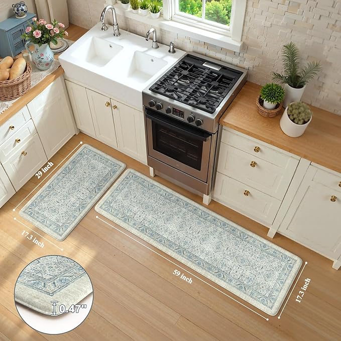 KIMODE Anti Fatigue Kitchen Mat, Boho Distressed Kitchen Rugs Sets of 2,Kitchen Mats for Floor Cushioned Non Slip, Comfort Kitchen Floor Mats for Sink, Laundry, Desk Blue 17"x59"+17"x29"