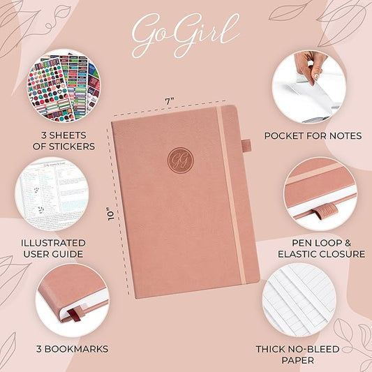 GoGirl Planner PRO Schedule - Undated Planner with Hourly Time Slots, Monthly, Weekly & Daily Organizer, Appointment Book for time Management, 7"x10" Hardcover, Lasts 1 Year - Dusty Pink