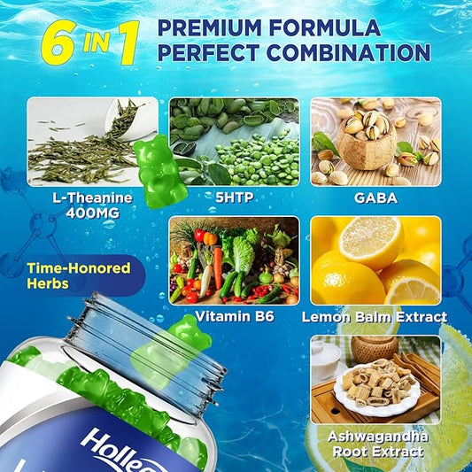 L-Theanine Gummies, l'theanine 400mg with Ashwagandha, GABA, 5HTP,L-Theanine Chewable Supplement for Relax, Zzz & Focus Support, Vegan, Lemon Flavor, 60 Counts