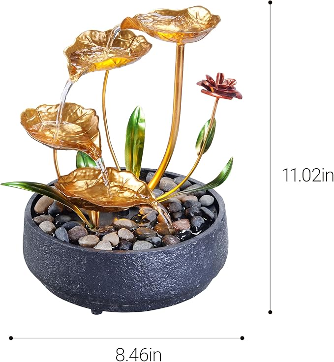 Tabletop Fountain Metal Lotus Circulating Fountain Water Feature for Zen Home Decor Warm Yellow Scene Light(23034)