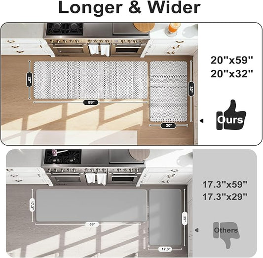 KIMODE Anti Fatigue Kitchen Mat for Floor, 20"x59"+20"x32" Kitchen Rugs Set of 2, Non Slip Kitchen Floor Mats Cushioned, Comfort Mats for Kitchen Floor Sink Laundry Office Desk Black and White