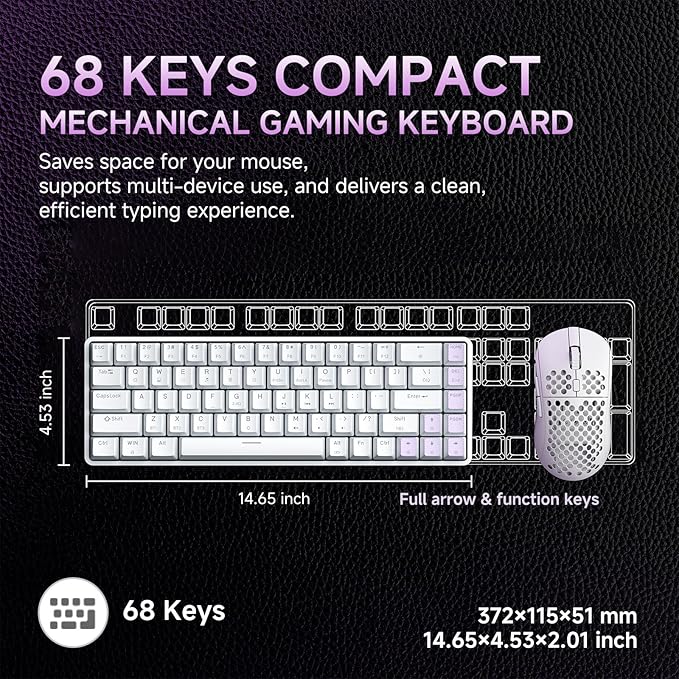 DIERYA DK68 Wireless Mechanical Keyboard, 60% Gaming Keyboard with Red Switch, Triple Mode 2.4GHz/USB-C/BT5.0, RGB Backlit, Anti-Ghosting Keys, 68 Keys Portable Mini Wired Office Keyboard-White