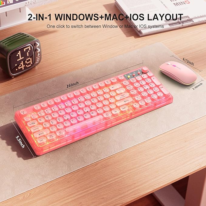 Pink Light Up Keyboard and Mouse Wireless,Cute 2.4Ghz Cordless Rechargeable Transparent Clear Backlit Keyboard,15 Backlight Effects,Volume Knob,RGB Mouse with 3 DPI for Mac Computer PC Laptop Desktop