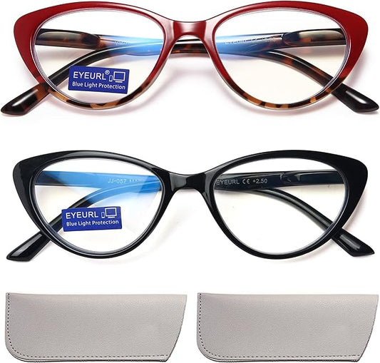 EYEURL Cat Eye Reading Glasses for Women - 2 Pack Blue Light Blocking Computer Readers 2.25 Spring Hinge Anti Glare/UV Ray Eyeglasses