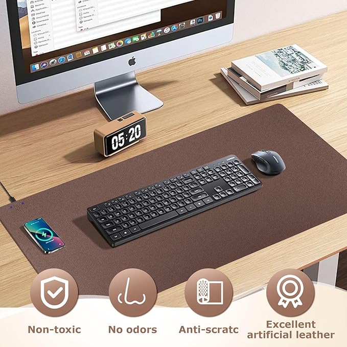 Wireless Charging Mouse Pad Firelison 2 in 1 Leather Multifunctional Office Desk Pad with Non-Slip Rubber Base, Waterproof Desk pad for Computers/Office/Work/Home/Decor（ 32" x 16"Brown - L）