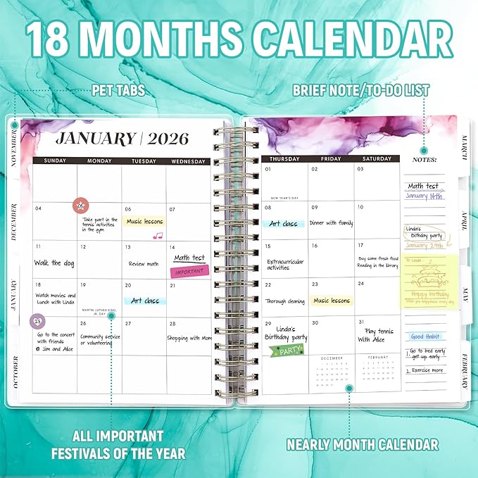 Planner 2025-2026, Large 18 Months Academic Daily Weekly Monthly Planner Yearly Agenda July. 2025–Dec. 2026, 7.9" x 9.8", Page Tabs, Separator Page, Pocket Folder, Bookmark, Stickers, Sticky Note Set