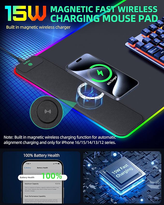 Mouse Pad with Wireless Charging, RGB Gaming Desk Mat, Large XXL Desk Pad, 15 Lighting Modes, Ultra-Smooth Surface, Non-Slip Mouse Mat, Waterproof Computer Keyboard Pad for Gamer, 800x400x4MM, Black