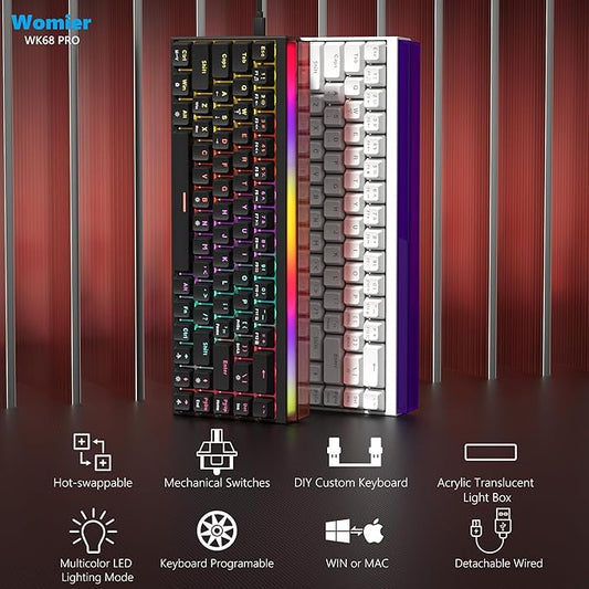 Womier 60% Keyboard Gaming with Light Box, Wired Mechanical Keyboard with MCA Keycaps, OEM Profile, Programable, 64 Keys Hot Swap RGB Cream Custom Key Board for PC Computer Win/MAC (WK68 PRO-Black)
