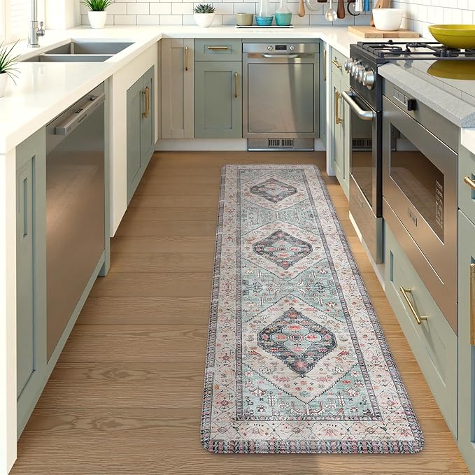 KIMODE Anti Fatigue Mat for Kitchen Floor, Boho Oriental Kitchen Runner Rug, Non Slip Waterproof Kitchen Rug, Vintage Kitchen Mat for Floor, Laundry, Office, Sink, Desk Blue 20"x71"