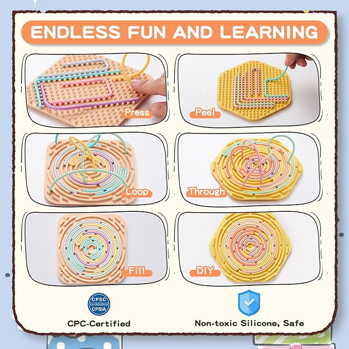 2 Pack Sensory Activity Board with 20 Random-Color Strings, Double-Sided Silicone Sensory Fidget Toy for Kids and Adults with Autism, ADHD, Silent, Stress Relief, Calming, Focus, Gift for Girls Boys