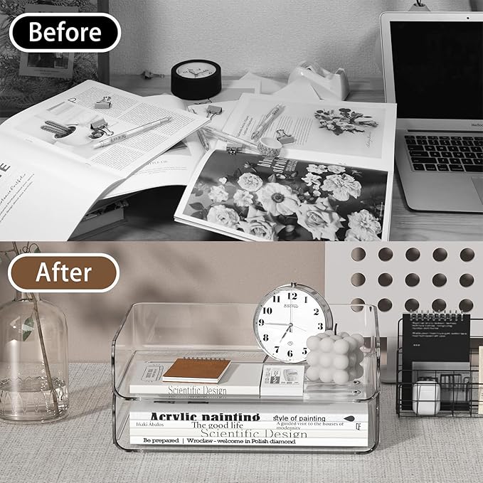 2-Tier Acrylic Paper Tray Organizer-Low-ProfileDesk File Sorter for Office/Home, Clear Stackable LetterTray for Bills, Crafts, Notebooks