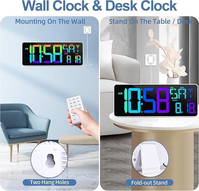 Large Digital Wall Clock Timer 13.5" Large Display Available In 11 Color Modes LED Wall Clock with Temperature Day of the Week Clock Auto-Dimming for Home Gym Office 2 Groups Alarm 25 Music Ringtones