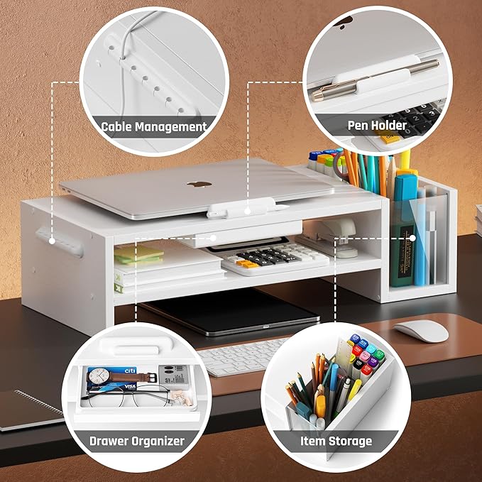 Adjustable Wood Laptop Stand, Ergonomic Height & Angle Stand with Pen Holder – Compatible with MacBook Air/Pro, Dell, HP, Lenovo & 10-17.3" Laptops – White