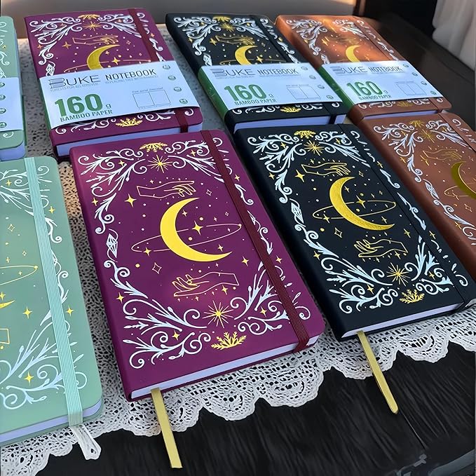 BUKE A5 Dotted Journal – 160gsm Ultra Bamboo Paper, Moon & Star Foil Cover, Flat Lay Notebook with Gift Box – 160 Pages, 5mm Dot Grid, Faux Leather Hardcover (Red)