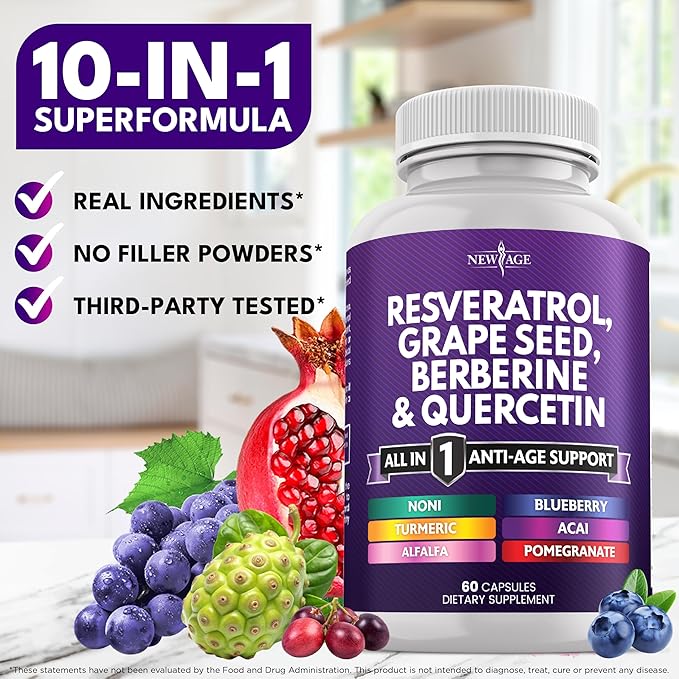 NEW AGE Resveratrol, Berberine, Grape Seed Extract, Quercetin, Polyphenol Supplement for Women and Men with Noni Extract, N-Acetyl Cysteine, Acai Extract - 180 Capsules