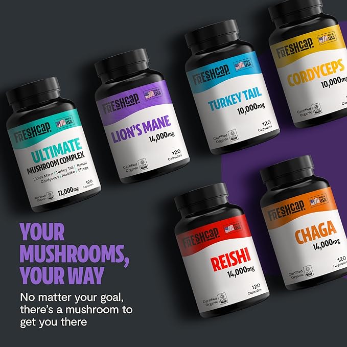 FreshCap Mushrooms Lions Mane Supplement Capsules 14,000mg - Lion's Mane, High Potency Extract, 14:1 Organic Mushroom Supplement, Ayurveda Focus Made in USA (60 Capsules)