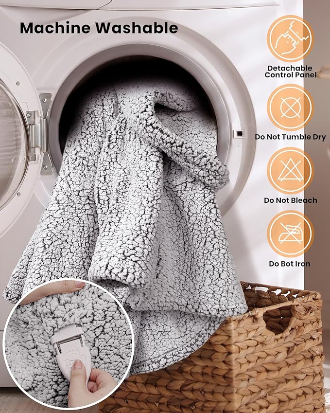 Electric Blanket Queen 84 x 90 Inches, Double-Sided Sherpa, Soft & Cozy Thick Heated Blanket with 6 Heat Settings, 1-10 Hour Auto Off, Machine Washable, Ideal for Couch, Sofa, Bed, Office, Light Grey