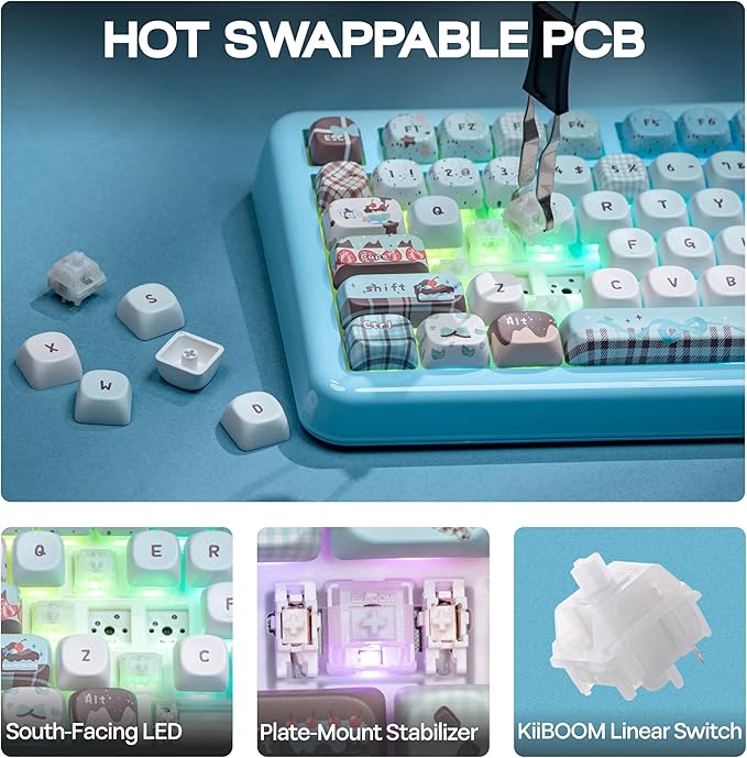 KiiBoom Phantom81 Lite 75% Gasket Mechanical Keyboard, QMK&VIA Programmable, 3 Modes Wireless Gaming Keyboard, RGB Backlights, ABS Case + UV Tech, Hot-Swappable for Windows/Mac/Linux (Blue)