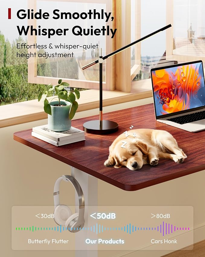 SANODESK Electric Standing Desk 60 x 24 Inches Whole-Piece Desktop Height Adjustable Stand Up Desk w/6-Button Controller Ergonomic Computer Desk for Home Office, White Frame + Mahogany Tabletop