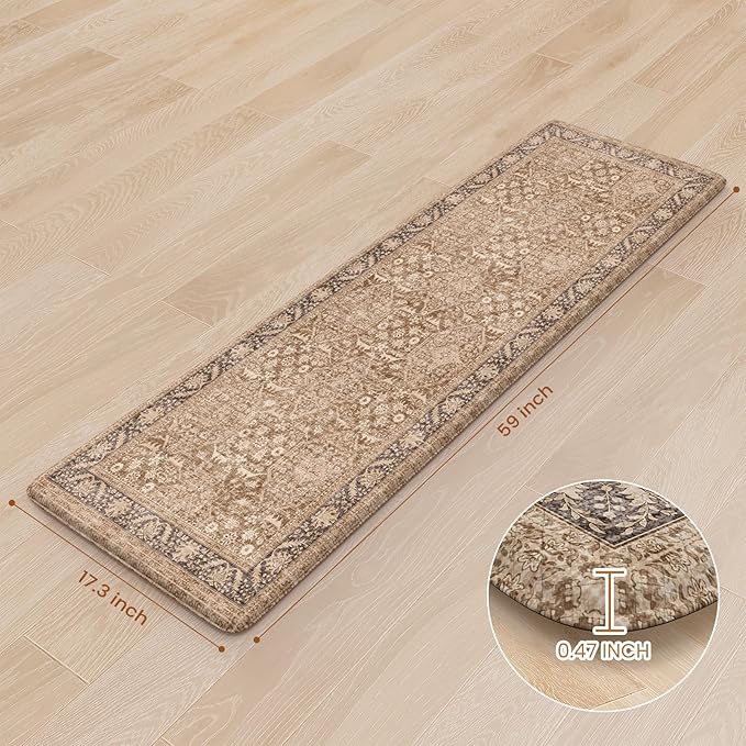 KIMODE Anti Fatigue Kitchen Mat, Cushioned Boho Kitchen Runner, Non Slip Memory Foam Kitchen Mat for Floor, Waterproof Standing Desk Mat for Laundry, Office, Sink Brown 17.3"x59"