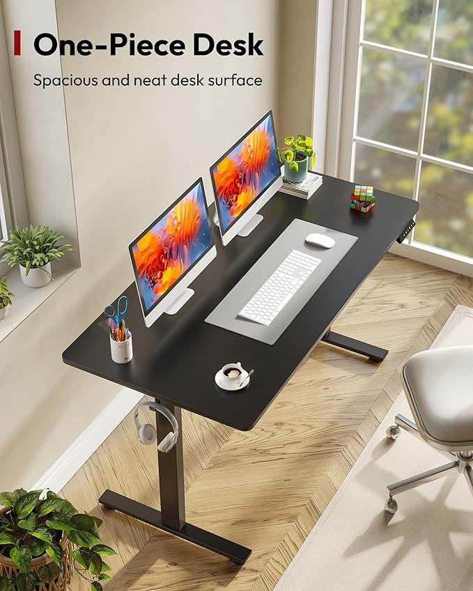 SANODESK Electric Standing Desk 55 x 28 Inches Whole-Piece Desktop Height Adjustable Stand Up Desk w/6-Button Controller Ergonomic Computer Desk for Home Office, Black Frame + Black Tabletop