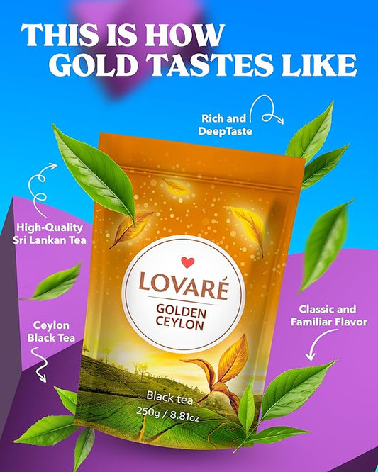 LOVARE Golden Ceylon Tea Pouch - Loose Leaf Tea 250 g - Made in Ukraine - Doypack with Ceylon Black Tea from Sri Lanka - Gift Box Sets for tea Lovers