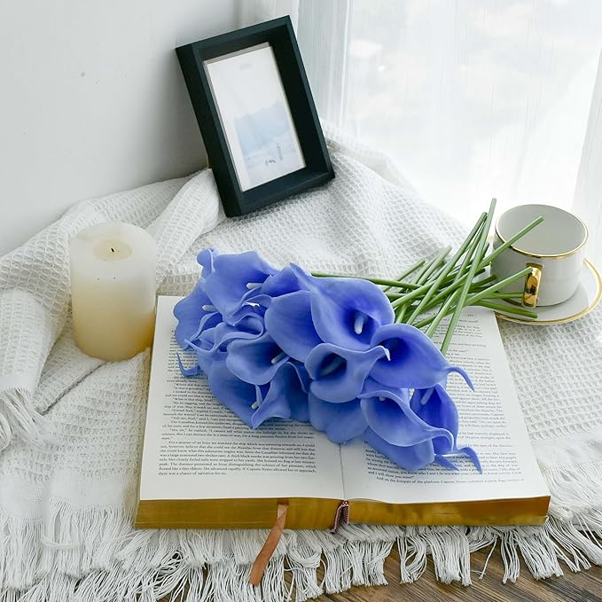 Mandy's PU Light Blue Calla Lily Artificial Flowers 20 Stems 13.5in Faux Realistic Centerpiece DIY Bridal Bouquet Home Décor