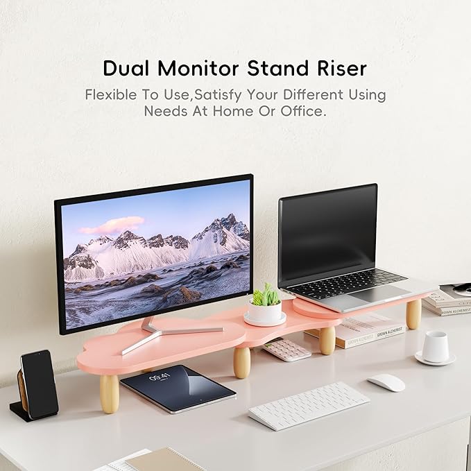 Dual Monitor Stand Riser,Rainbow Cloud Desktop Computer Stand for 2 Monitors,Adjustable Length and Angle Multifunctional Desktop Organizer Stand for Laptop, PC, Computer, Printer,Pink