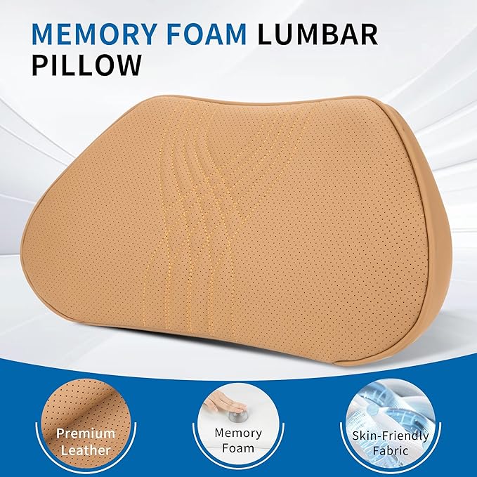 Lumbar Support Pillow for Car Seat, Office Chair Leather Memory Foam Lower Back Cushion for Back Pain Relief Improve Posture, Ergonomic Back Rest for Gaming Chair, Palomino, 1PC
