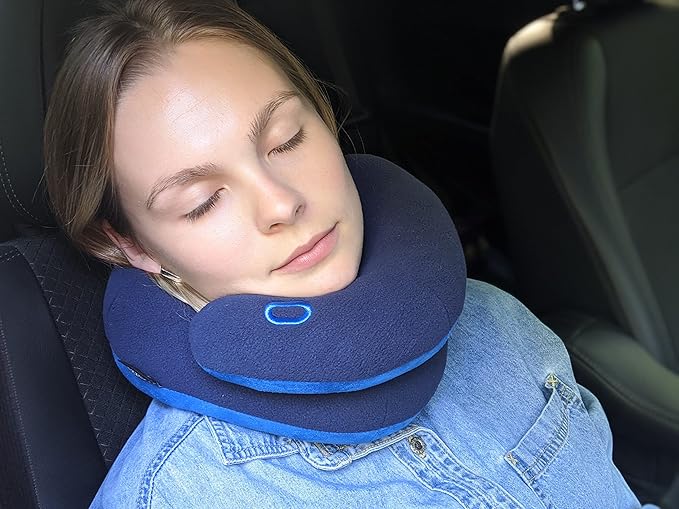BCOZZY Travel Neck Pillow for Airplane – Patented Double Support for Head, Neck, and Chin. Best for Long Flights, Plane Sleeping & Car Rides. Adjustable Size. Fully Washable. Carry Bag. X-Large, Navy