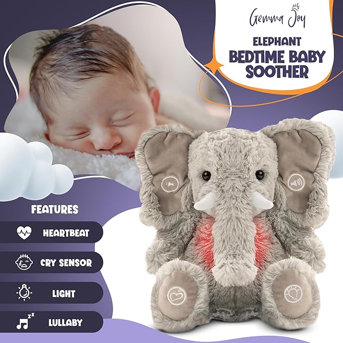 Gemma Joy Baby Sleep Soother Elephant for Baby – Cry Activated Heartbeat Stuffed Animal – Rechargeable Crib Soother with White Noise, Shush, Lullabies & Night Light – Newborn Essentials Must Haves