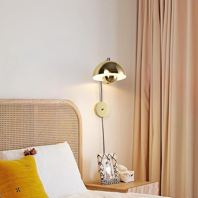 COSYLUX Modern Sleek Plug in Wall Sconce, Hardwired & Corded 2in1 Design Metal Wall Light Fixtures for Bedroom Bedside Reading, Mid-Century Flower Bud Wireless Wall Sconces with Switch, Gold