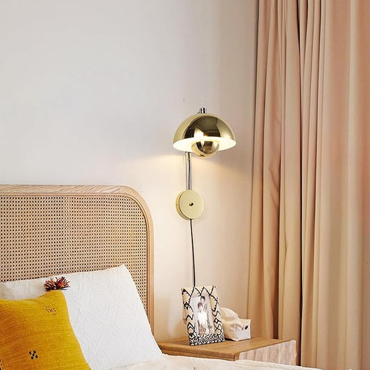 COSYLUX Modern Sleek Plug in Wall Sconce, Hardwired & Corded 2in1 Design Metal Wall Light Fixtures for Bedroom Bedside Reading, Mid-Century Flower Bud Wireless Wall Sconces with Switch, Gold