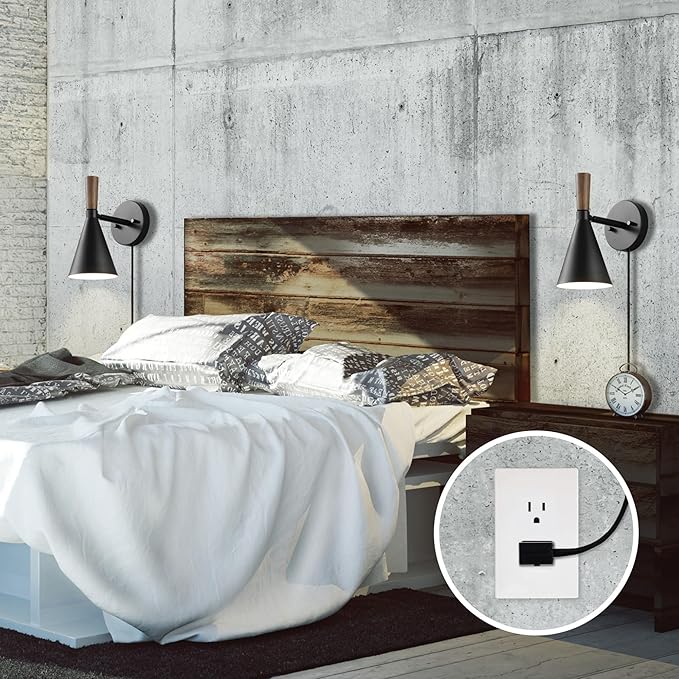GLOBE Electric 65000101 Plug-in or Hardwire Wall Sconce, Matte Black Finish, Wood-Toned Switch, Metal Shade, 6-Foot Cord, E26 Base, Easy Installation
