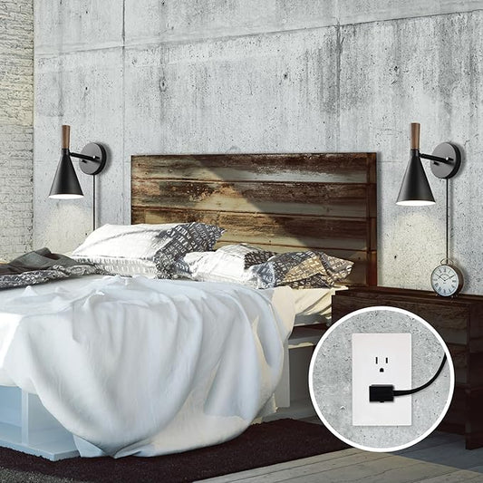 GLOBE Electric 65000101 Plug-in or Hardwire Wall Sconce, Matte Black Finish, Wood-Toned Switch, Metal Shade, 6-Foot Cord, E26 Base, Easy Installation