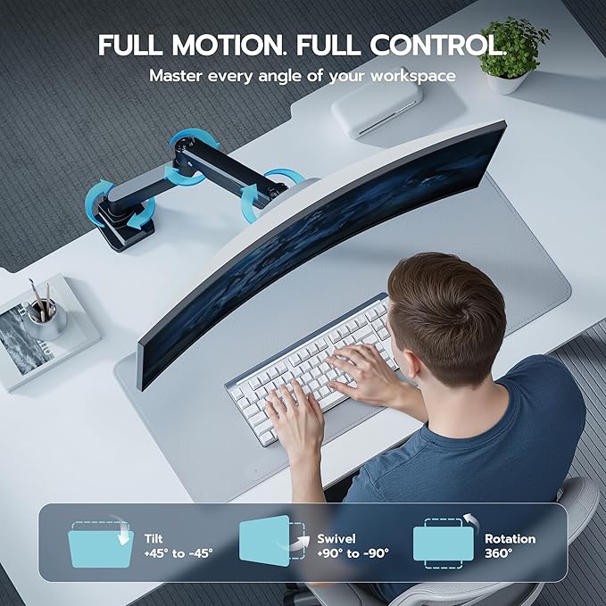 ARES WING Ultrawide Monitor Arm, Heavy Duty Single Monitor Mount for 13"-49" Curved Screens, Adjustable Stand for Desk with C-clamp & Grommet Base up to 40 LBS, Black