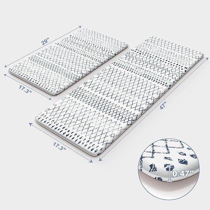 KIMODE Kitchen Mats 2PCS,Cushioned Anti Fatigue Boho Kitchen Rugs and Mats,Non Slip Waterproof Kitchen Mats for Floor,Comfort Foam Standing Desk Mat for Home,Office,Sink,Laundry,Blue and White