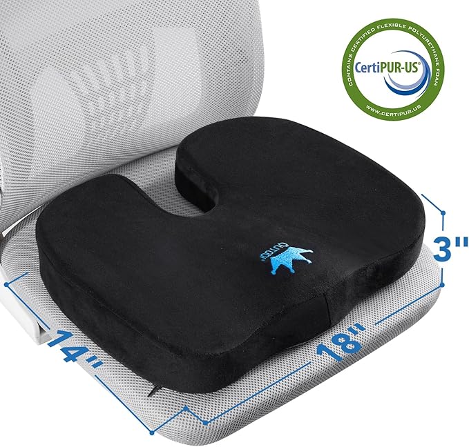 Seat Cushion for Office Chair & Car - Memory Foam Coccyx Support Pillow with Non-Slip Cover, Sciatica & Lower Back Pain Relief,Ergonomic Seat Pad for Long Drives (Medium Firm-Black)