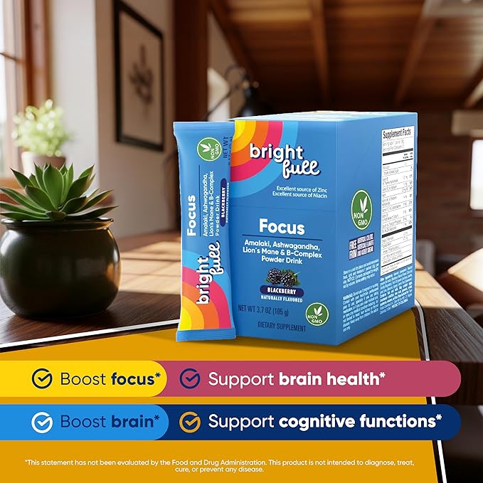 Focus Sugar Free Dietary Supplement Drink Mix with Ashwagandha, Lion’s Mane, B Vitamins B1 B2 B3 B5 B6 B12, for Cognitive Performance & Clarity BlackBerry, 21 Day Supply