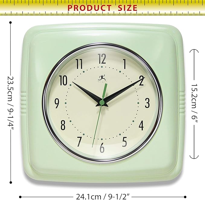 Infinity Instruments Retro Wall Clock – 9-Inch Square Silent Non-Ticking Mid-Century Modern Clock – Vintage Decorative Wall Clock for Kitchen, Office, or Diner – Meadow Mist